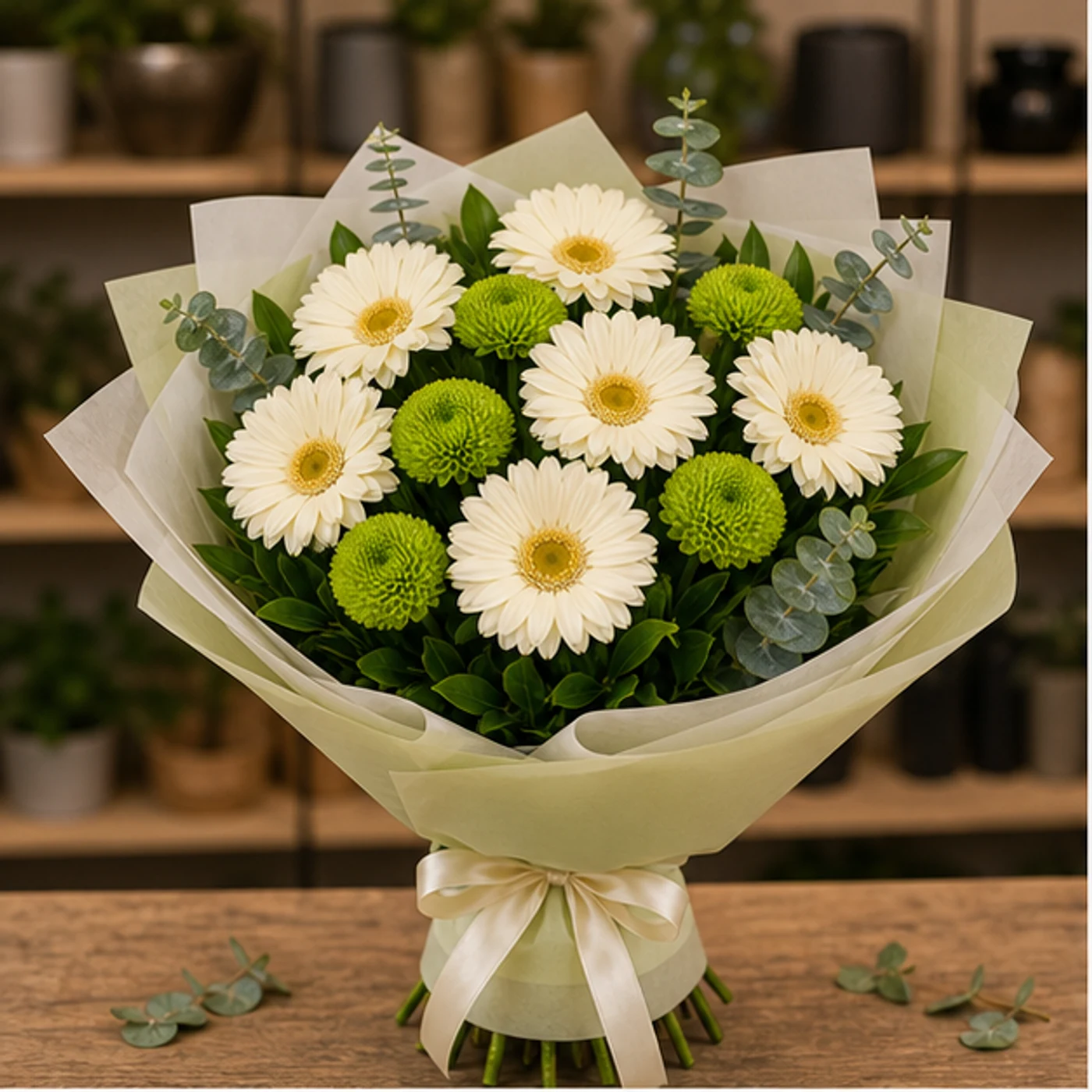 Buchet margarete crem si santini verde - poza 1