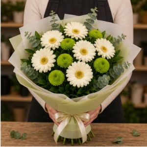 Buchet margarete crem si santini verde - poza 2