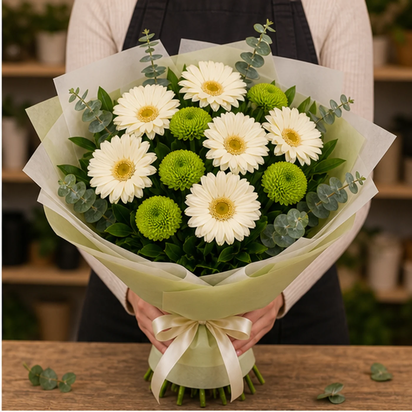 Buchet margarete crem si santini verde - poza 2