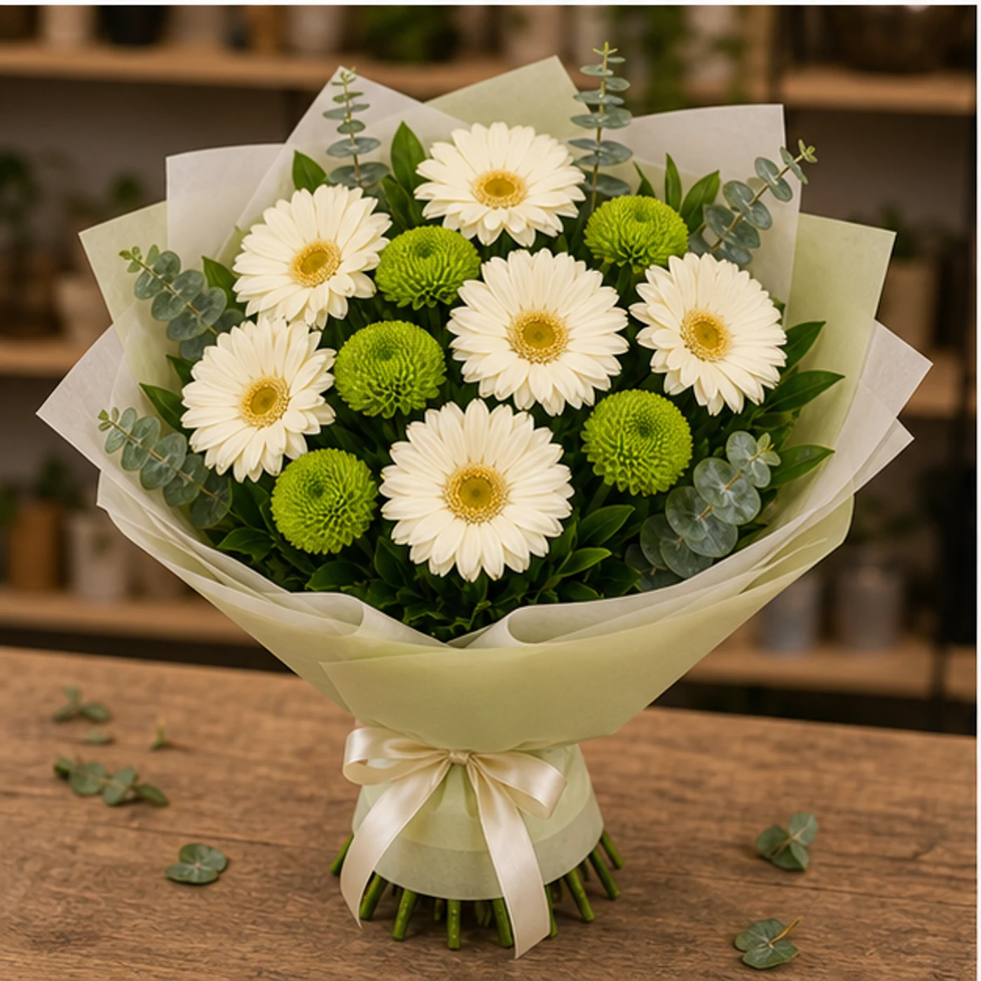 Buchet margarete crem si santini verde - poza 3