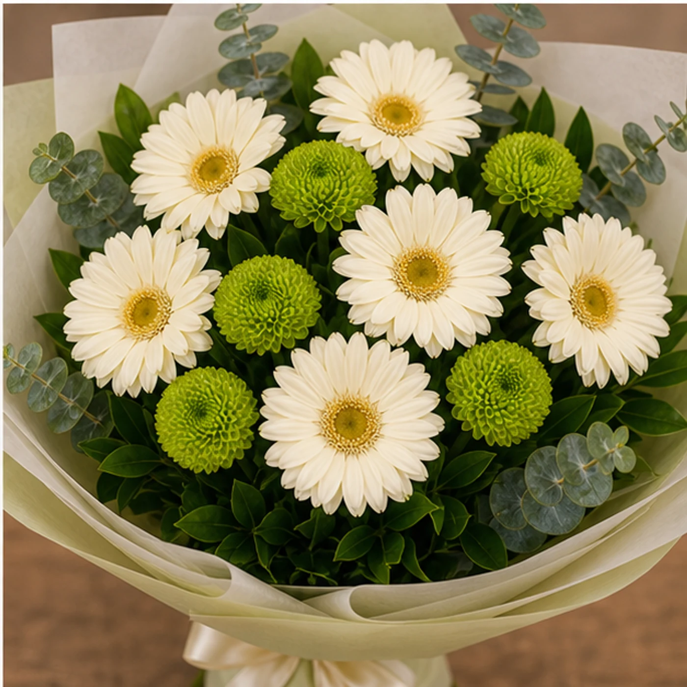 Buchet margarete crem si santini verde - poza 4
