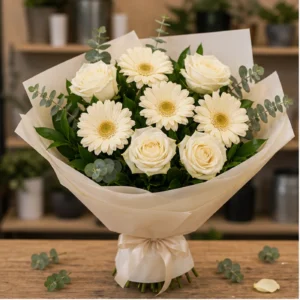 Buchet margarete crem si trandafiri albi - poza 1