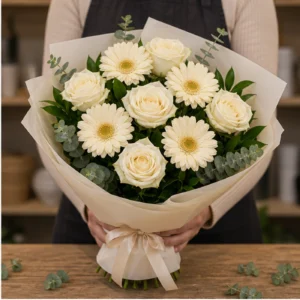 Buchet margarete crem si trandafiri albi - poza 2