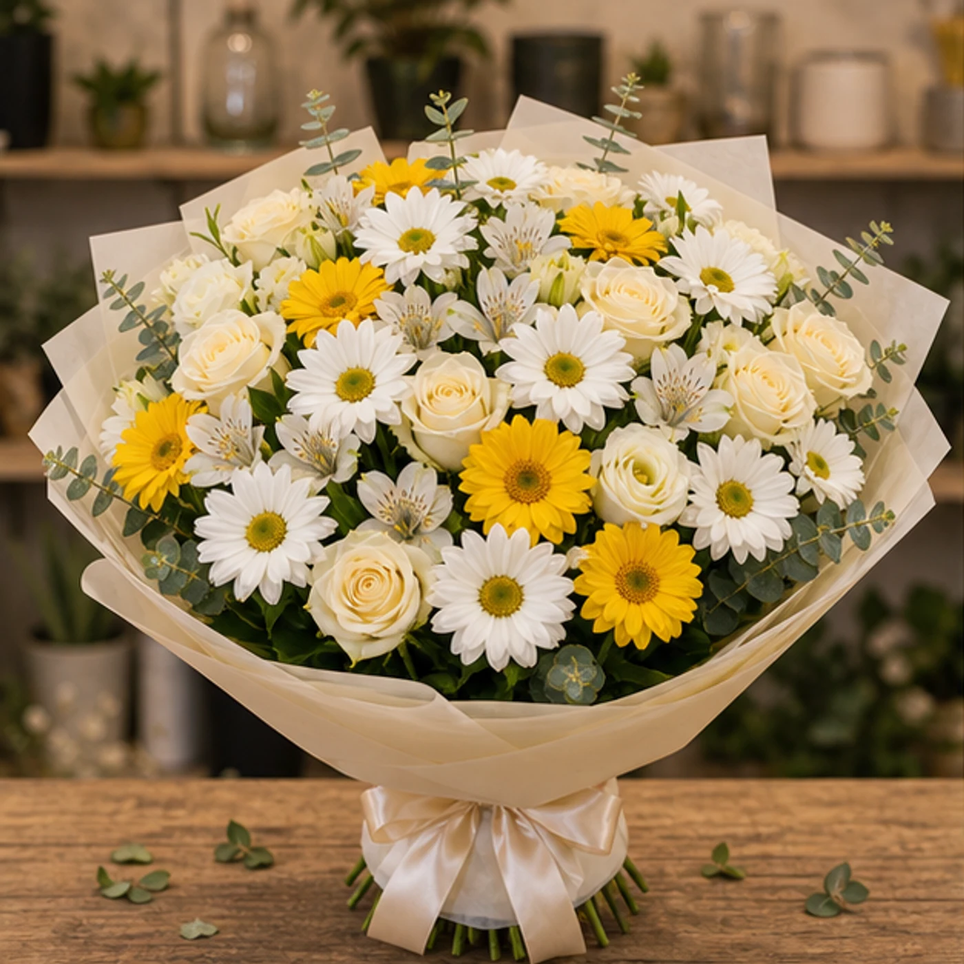 Buchet margarete deluxe cu trandafiri si alstroemeria - poza 1