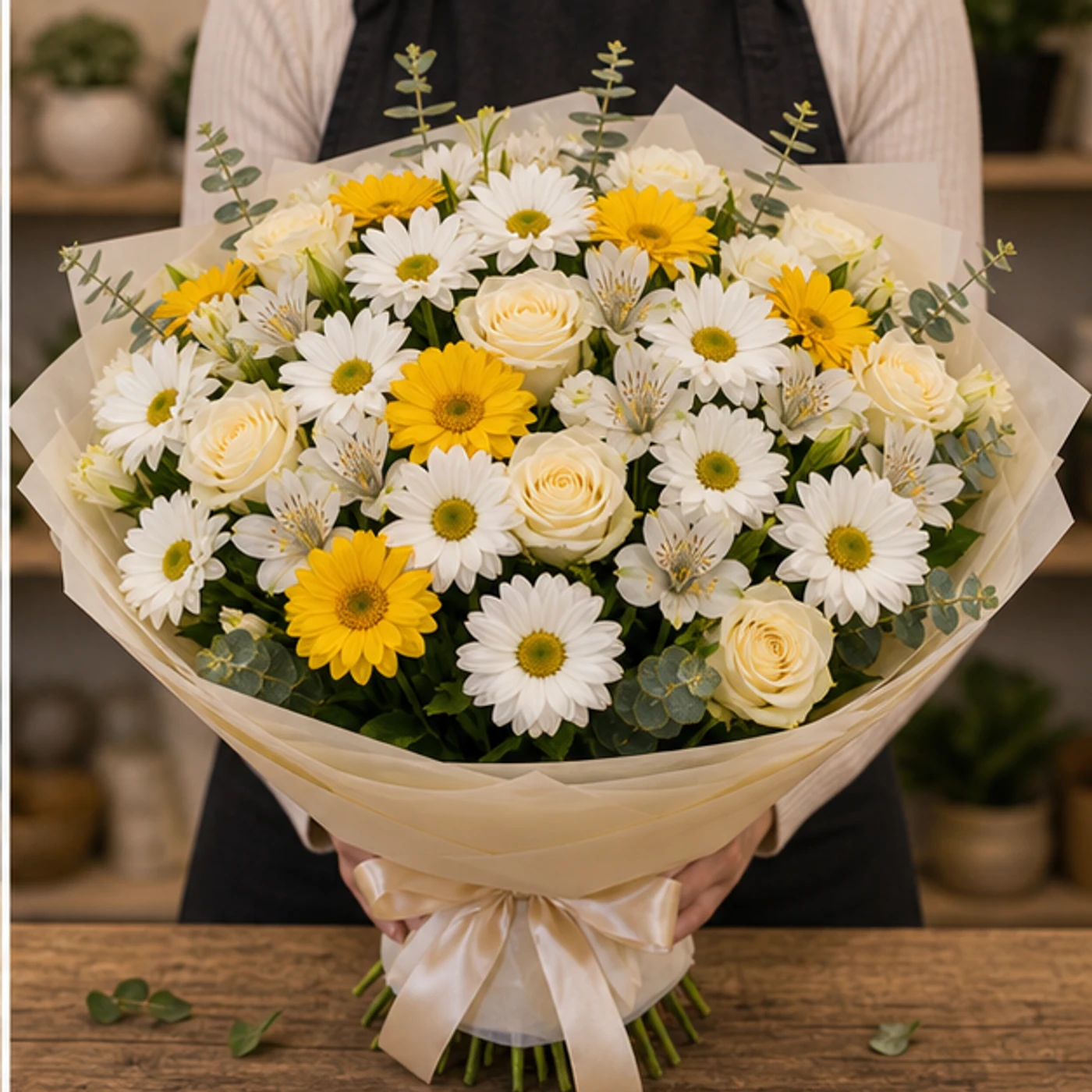 Buchet margarete deluxe cu trandafiri si alstroemeria - poza 2