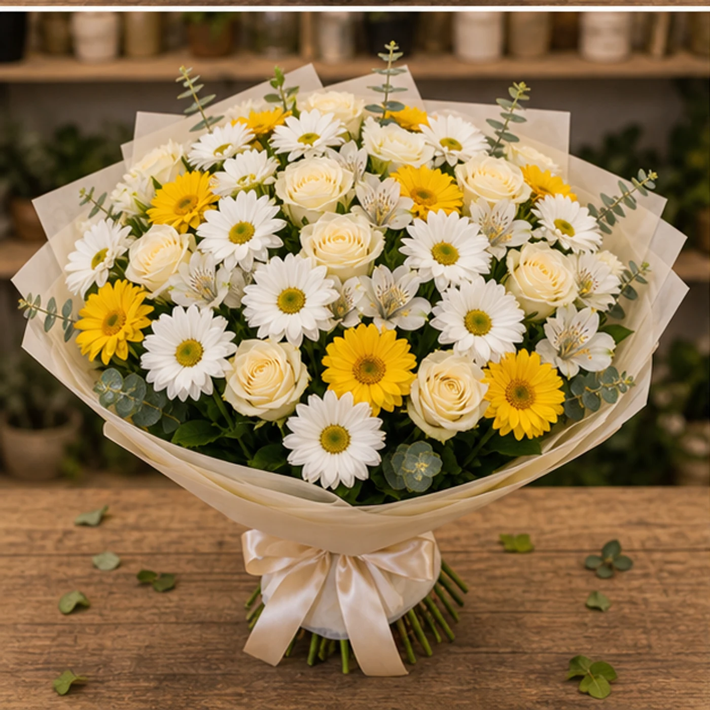 Buchet margarete deluxe cu trandafiri si alstroemeria - poza 3