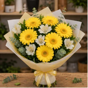 Buchet margarete galbene si alstroemeria alba - poza 1