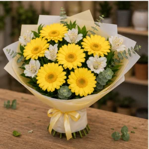 Buchet margarete galbene si alstroemeria alba - poza 3