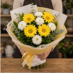 Buchet margarete galbene si santini alb - poza 2