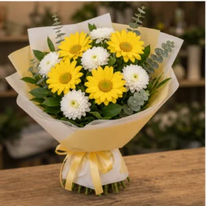 Buchet margarete galbene si santini alb - poza 3