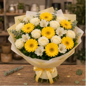 Buchet margarete galbene si trandafiri albi premium - poza 1