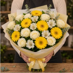 Buchet margarete galbene si trandafiri albi premium - poza 2
