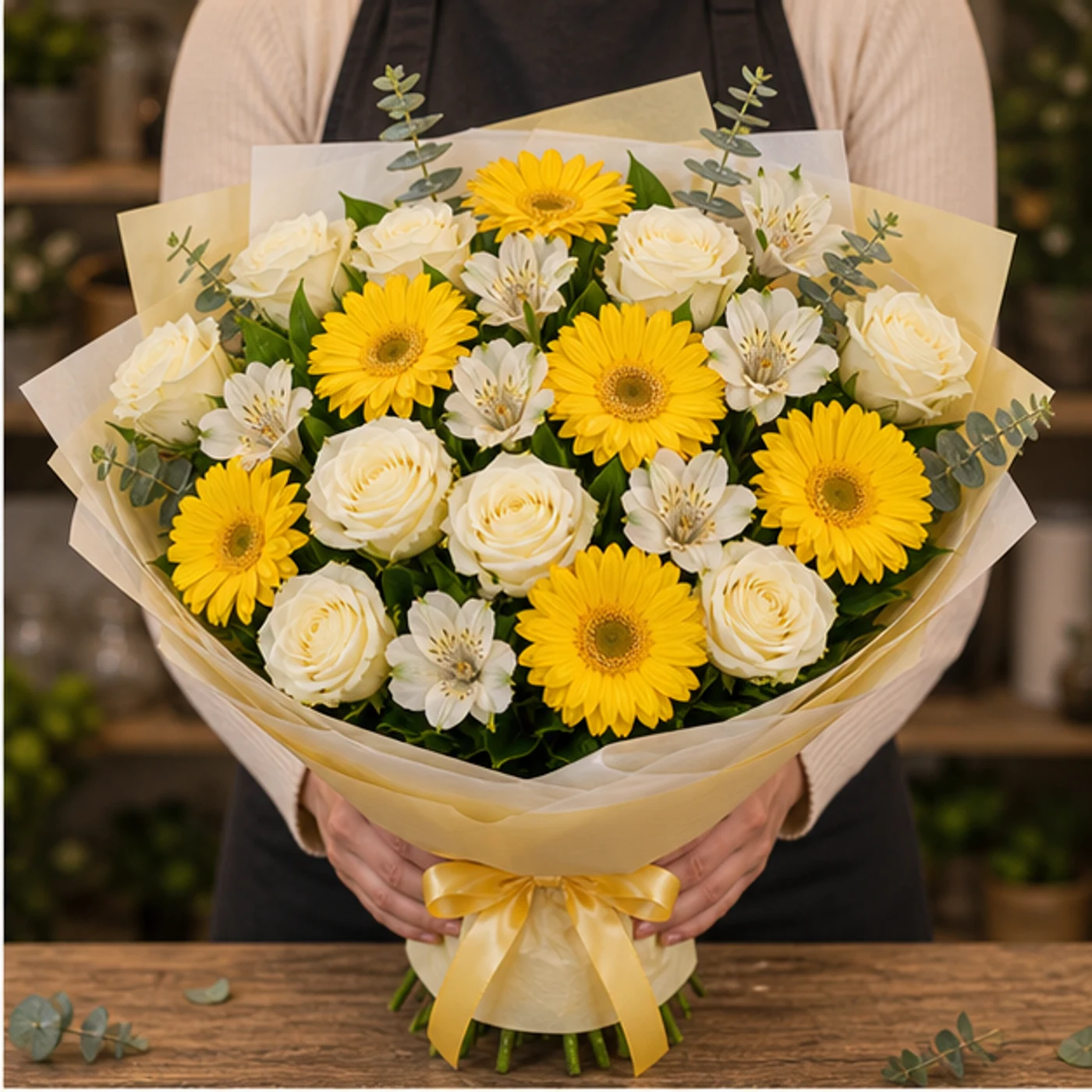 Buchet margarete galbene si trandafiri albi premium - poza 2