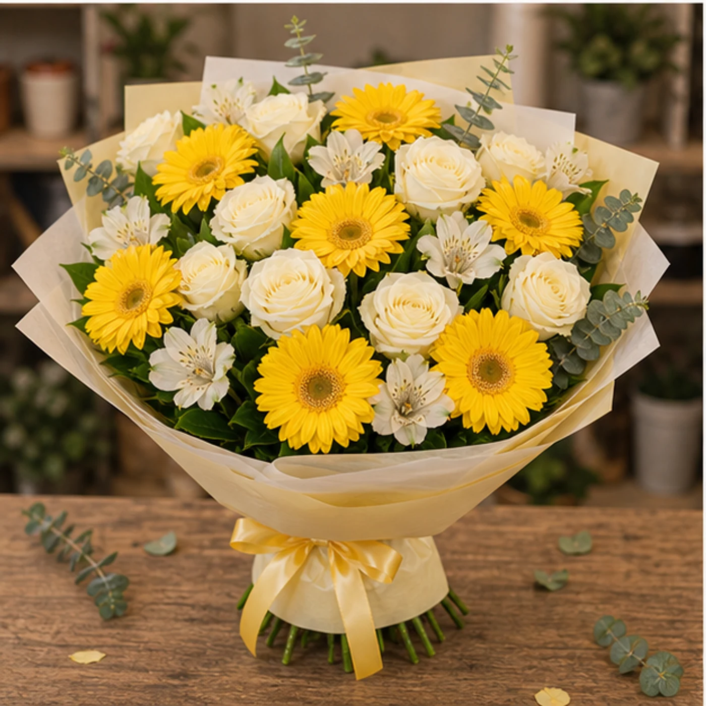 Buchet margarete galbene si trandafiri albi premium - poza 3