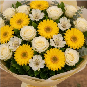 Buchet margarete galbene si trandafiri albi premium - poza 4
