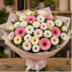 Buchet margarete pastel cu gerbera si lisianthus - poza 1