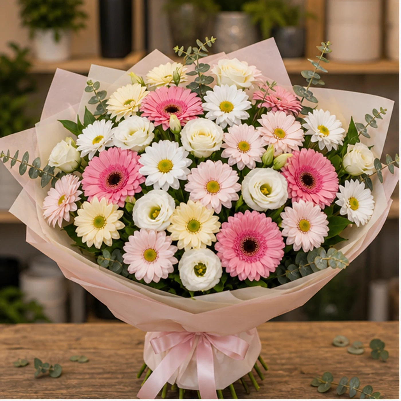 Buchet margarete pastel cu gerbera si lisianthus - poza 1
