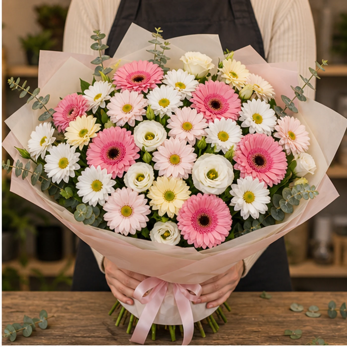 Buchet margarete pastel cu gerbera si lisianthus - poza 2