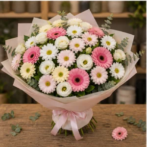 Buchet margarete pastel cu gerbera si lisianthus - poza 3