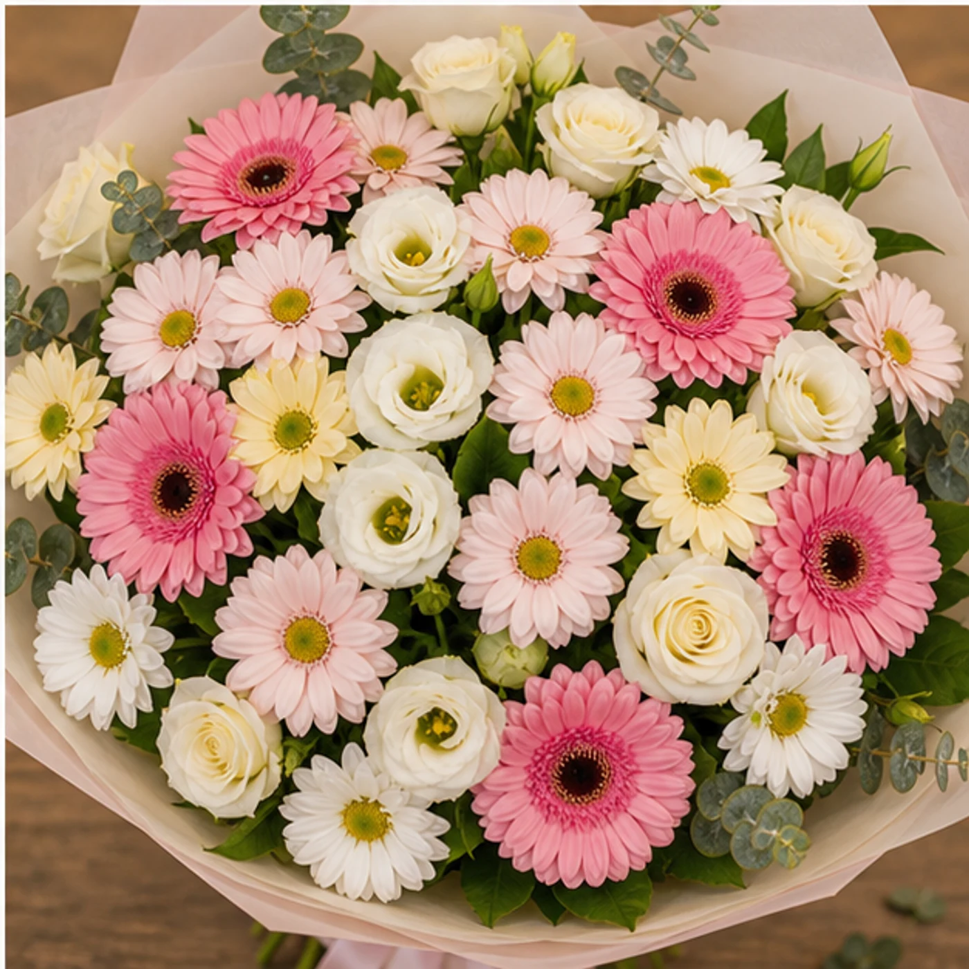 Buchet margarete pastel cu gerbera si lisianthus - poza 4