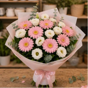 Buchet margarete roz si lisianthus alb - poza 1