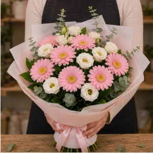 Buchet margarete roz si lisianthus alb - poza 2