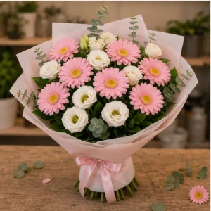 Buchet margarete roz si lisianthus alb - poza 3