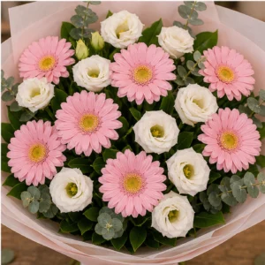 Buchet margarete roz si lisianthus alb - poza 4