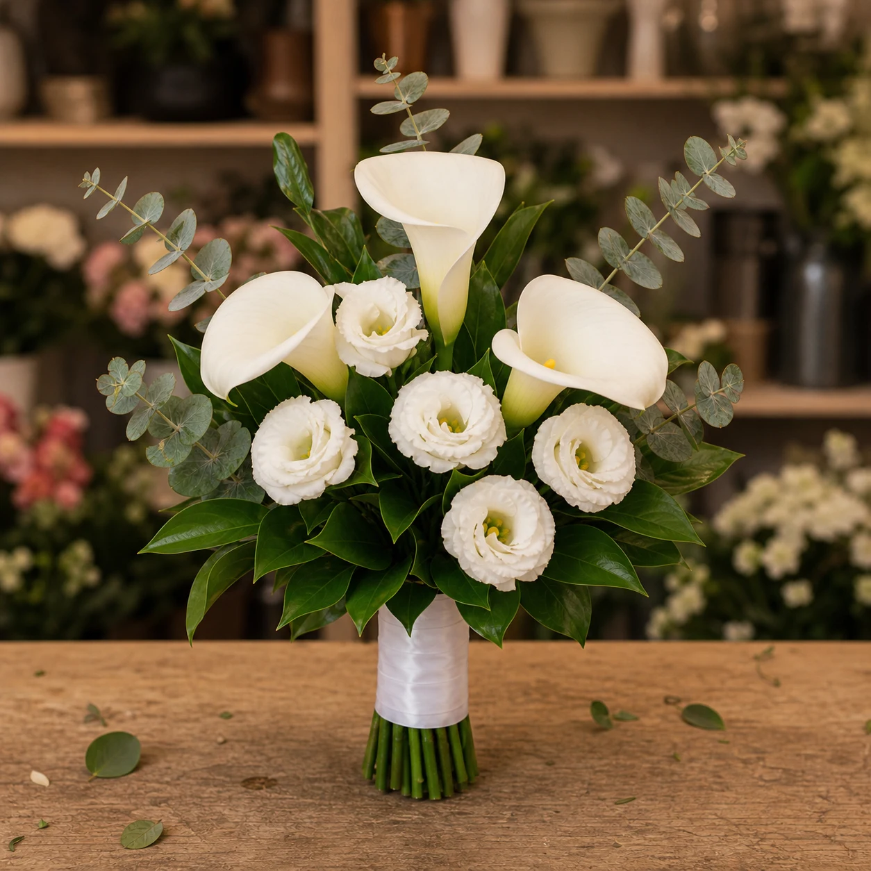 Buchet mireasa civil alb cu cale si lisianthus - poza 1