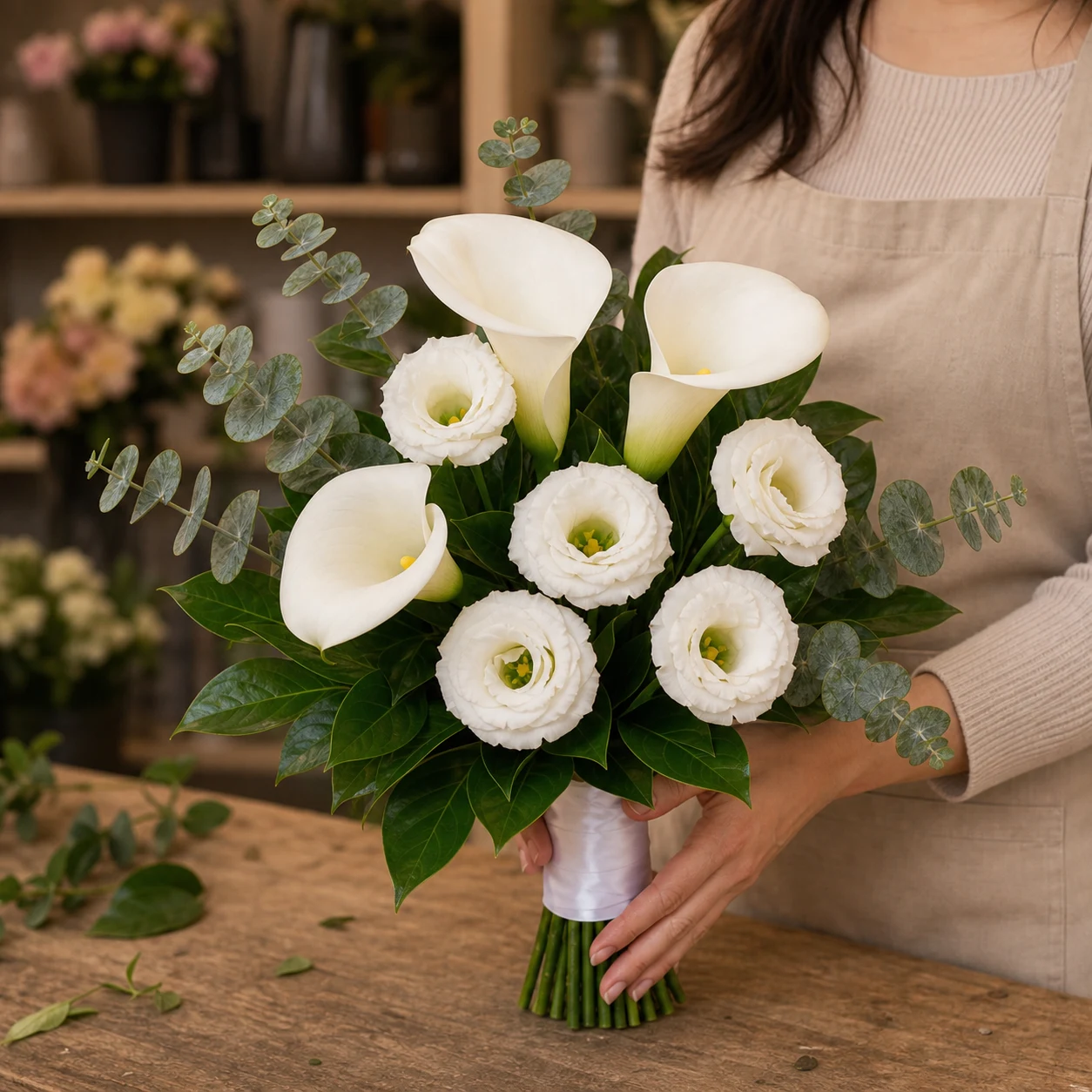 Buchet mireasa civil alb cu cale si lisianthus - poza 2