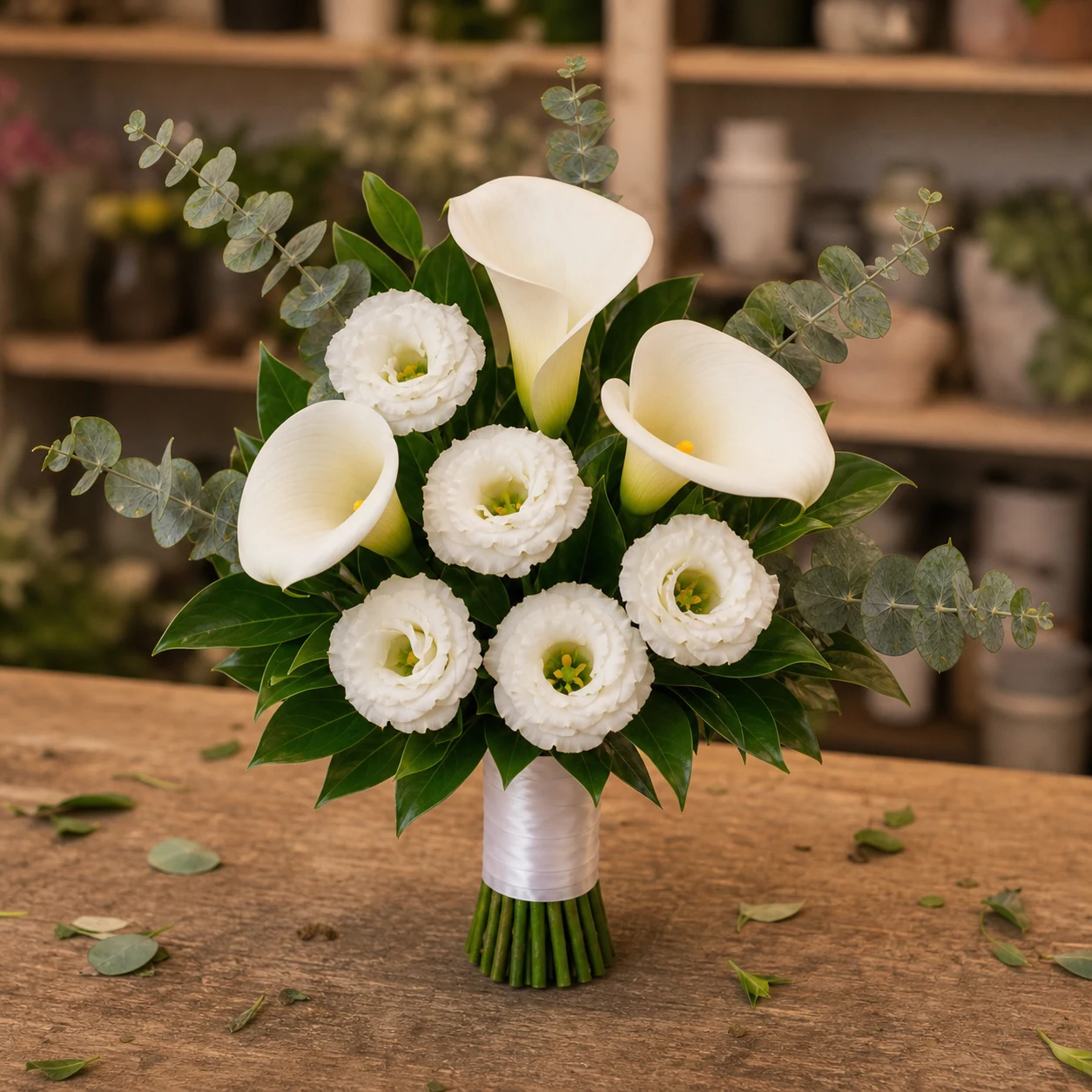 Buchet mireasa civil alb cu cale si lisianthus - poza 3