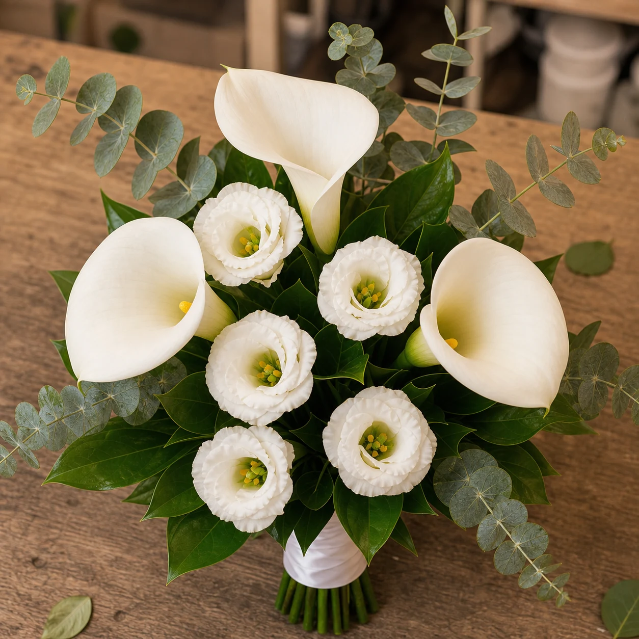 Buchet mireasa civil alb cu cale si lisianthus - poza 4