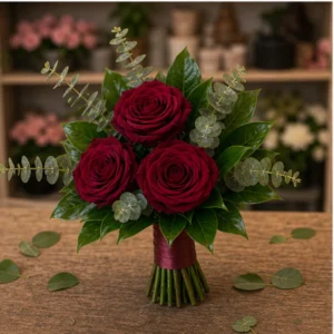 Buchet mireasa de lux burgundy cu 3 trandafiri - poza 3