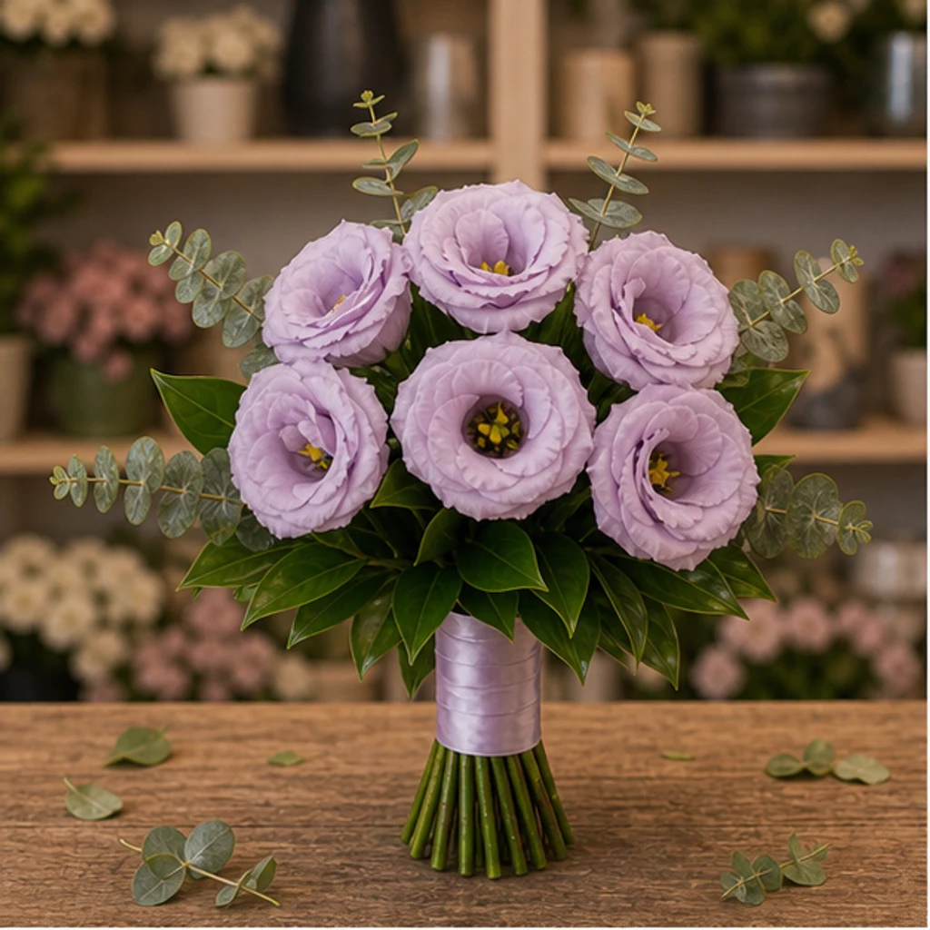 Buchet mireasa lila discret cu 7 lisianthus - poza 1
