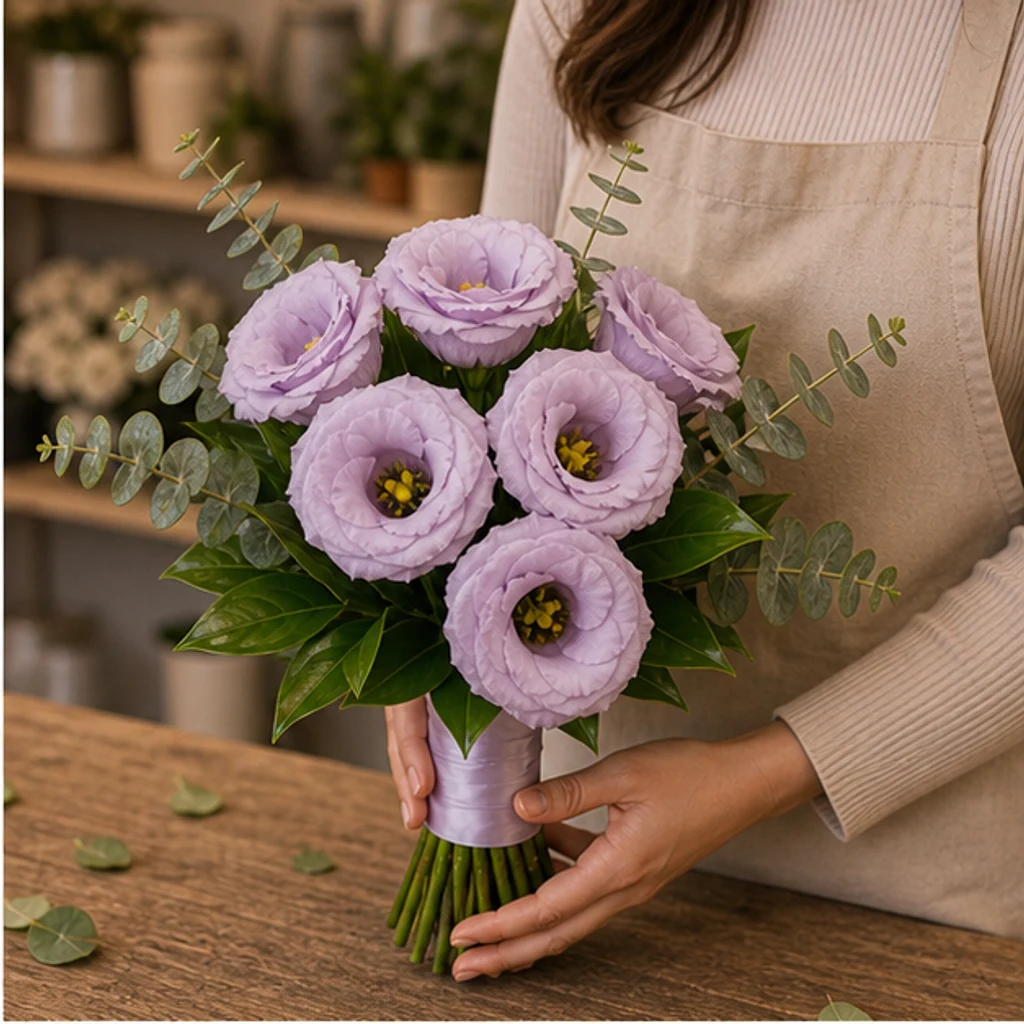 Buchet mireasa lila discret cu 7 lisianthus - poza 2