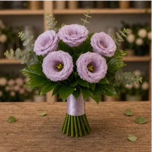 Buchet mireasa lila discret cu 7 lisianthus - poza 3