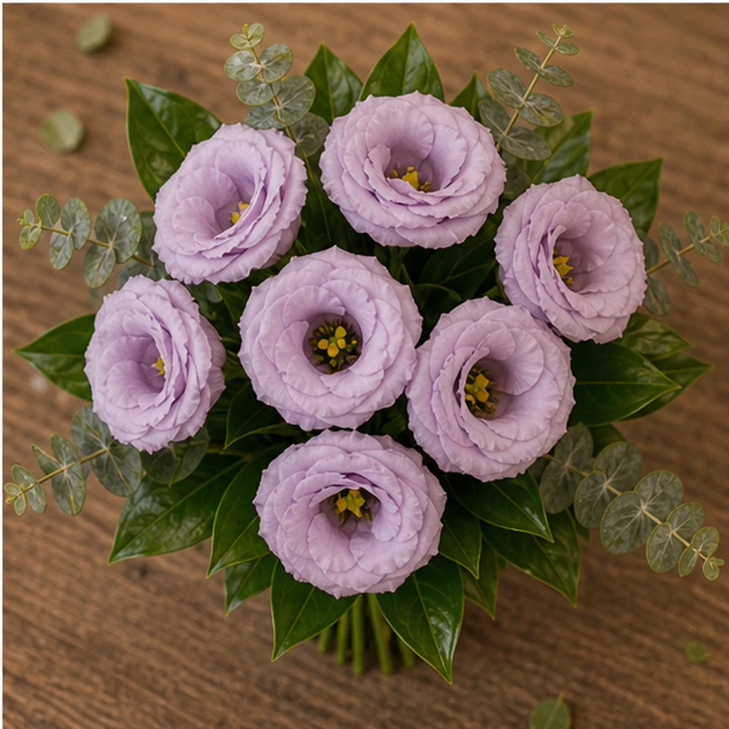 Buchet mireasa lila discret cu 7 lisianthus - poza 4
