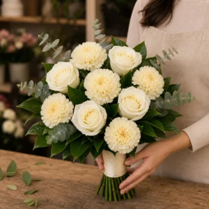 Buchet mireasa mic ivory cu garoafe si trandafiri - poza 2