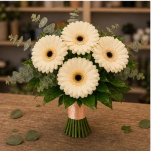 Buchet mireasa piersica delicat cu 5 gerbera crem - poza 3