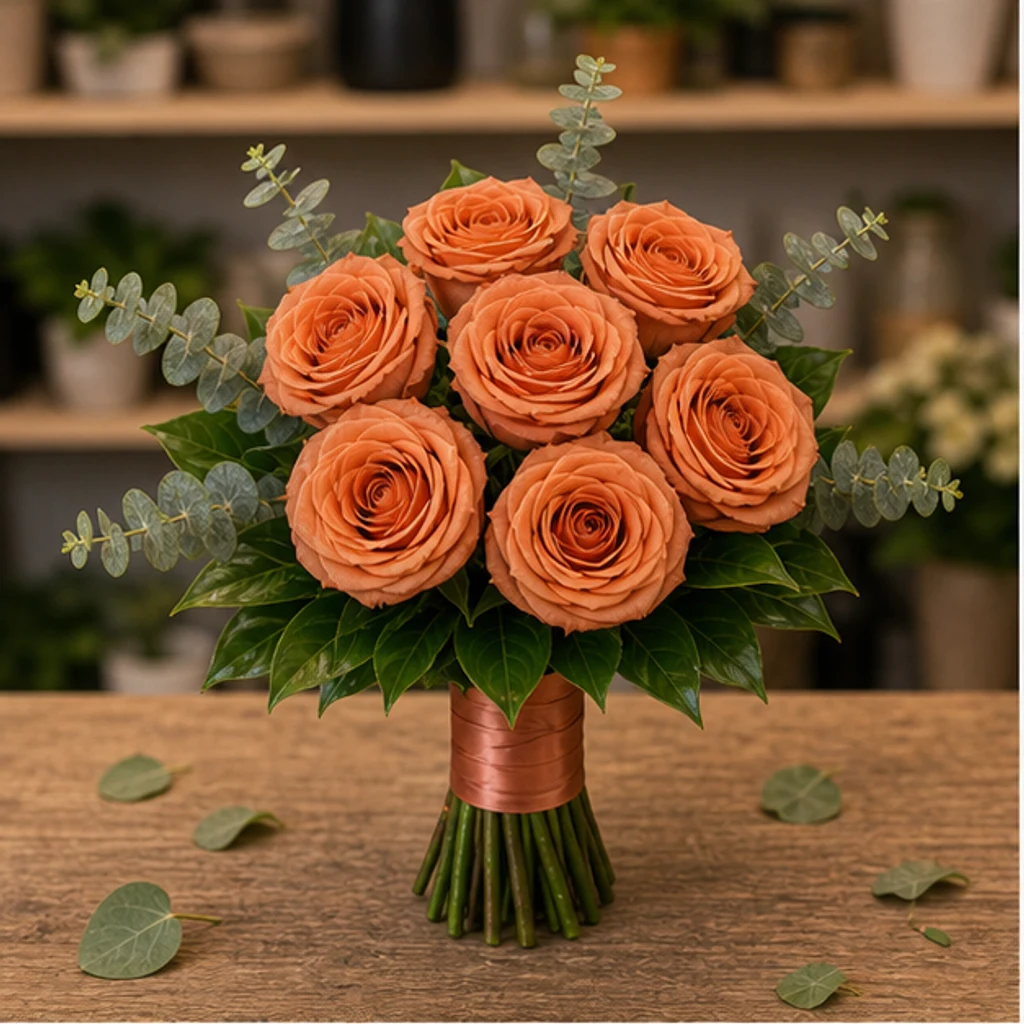 Buchet mireasa premium terracotta cu 7 trandafiri - poza 1