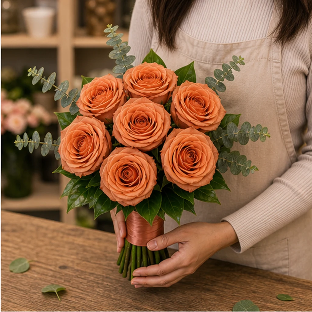 Buchet mireasa premium terracotta cu 7 trandafiri - poza 2