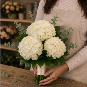 Buchet mireasa royal champagne cu 3 hortensii ivory - poza 2