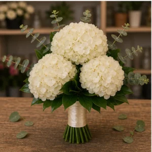 Buchet mireasa royal champagne cu 3 hortensii ivory - poza 3
