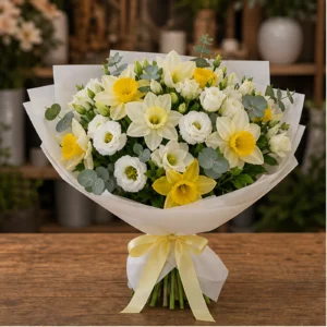 Buchet Narcise alb galben cu lisianthus - poza 1