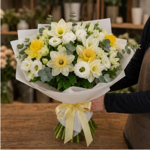 Buchet Narcise alb galben cu lisianthus - poza 2