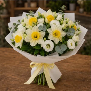 Buchet Narcise alb galben cu lisianthus - poza 3