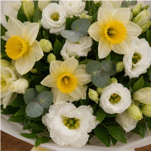 Buchet Narcise alb galben cu lisianthus - poza 4