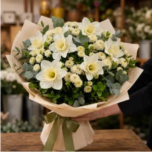 Buchet Narcise albe cu santini crem - poza 2
