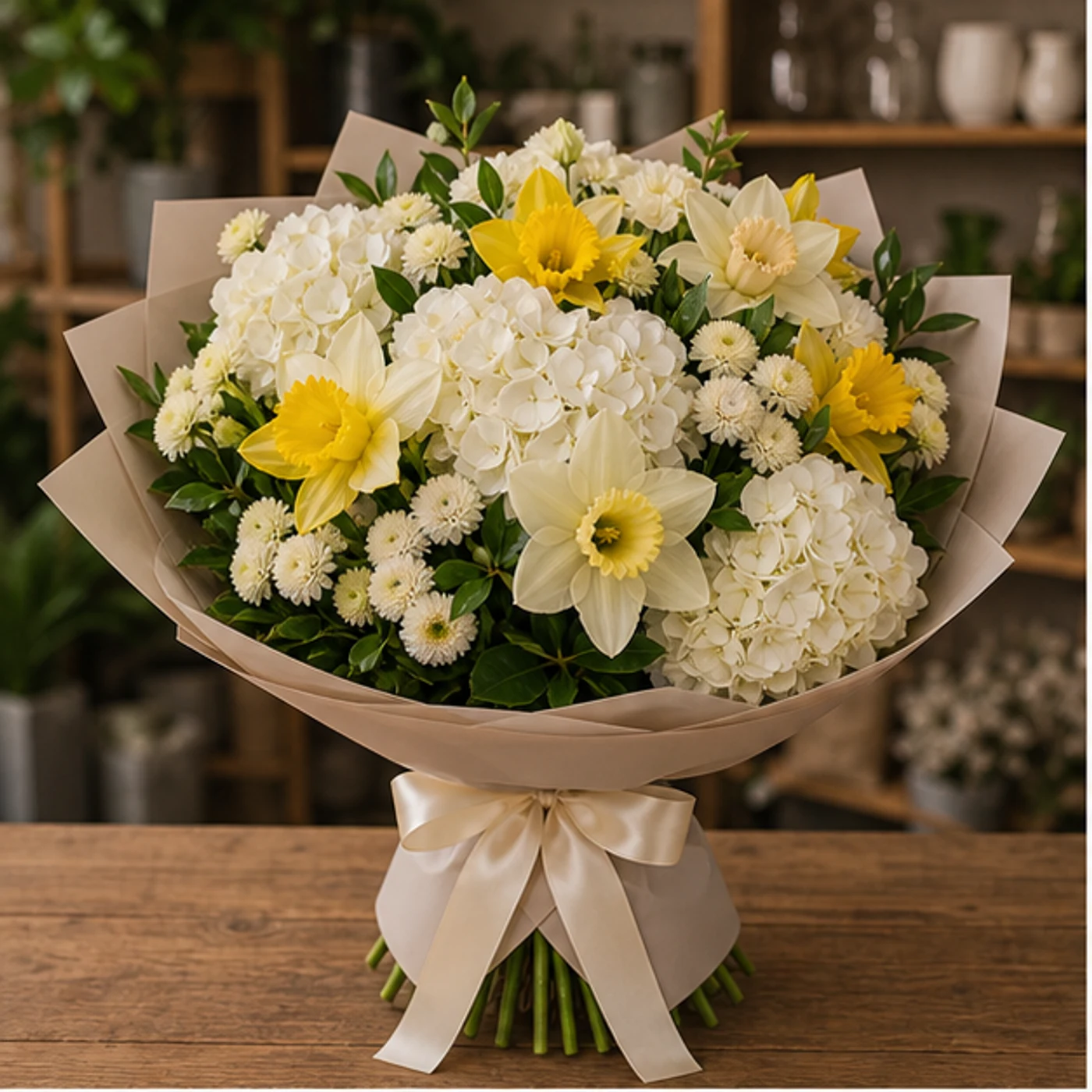 Buchet Narcise de lux alb galben cu hortensie - poza 1