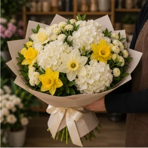 Buchet Narcise de lux alb galben cu hortensie - poza 2